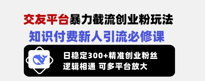 交友平台暴力截流创业粉玩法，知识付费新人引流必修课，日稳定300+精准创业粉丝，逻辑相通可多平台放大-云创网