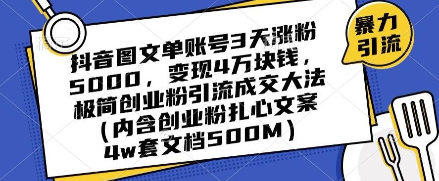 抖音图文单账号3天涨粉5000，变现4万块钱，极简创业粉引流成交大法-点子口袋网
