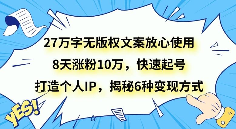 27万字无版权文案放心使用，8天涨粉10万，快速起号，打造个人IP，揭秘6种变现方式-点子口袋网