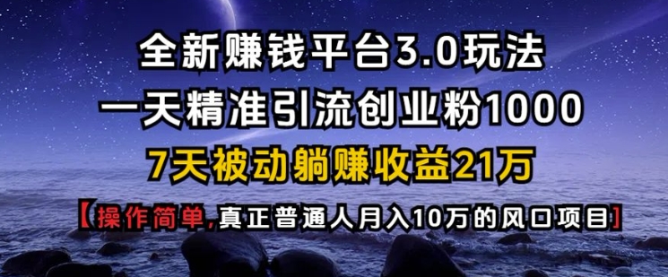 全新赚钱平台3.0玩法一天精准引流创业粉1000.7天被动躺Z收益21W【仅揭秘】-点子口袋网